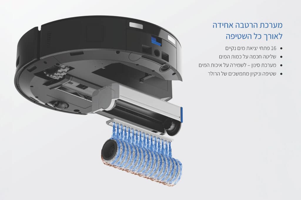 מערכת הרטבה אחידה לאורך כל השטיפה
•	16 פתחי יציאת מים נקיים
•	שליטה חכמה על כמות המים
•	מערכת סינון – לשמירה על איכות המים
•	שטיפה וניקיון מתמשכים של הרולר
