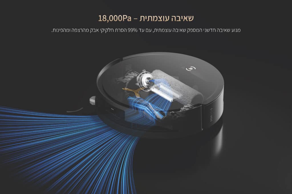 שאיבה עוצמתית – 18,000Pa
מנוע שאיבה חדשני המספק שאיבה עוצמתית, עם עד 99% הסרת חלקיקי אבק מהרצפה ומהפינות.

