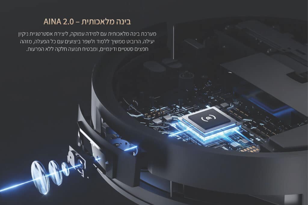 בינה מלאכותית – AINA 2.0
מערכת בינה מלאכותית עם למידה עמוקה, ליצירת אסטרטגיית ניקיון יעילה. הרובוט ממשיך ללמוד ולשפר ביצועים עם כל הפעלה, מזהה חפצים סטטיים ודינמיים, ומבטיח תנועה חלקה ללא הפרעות.
