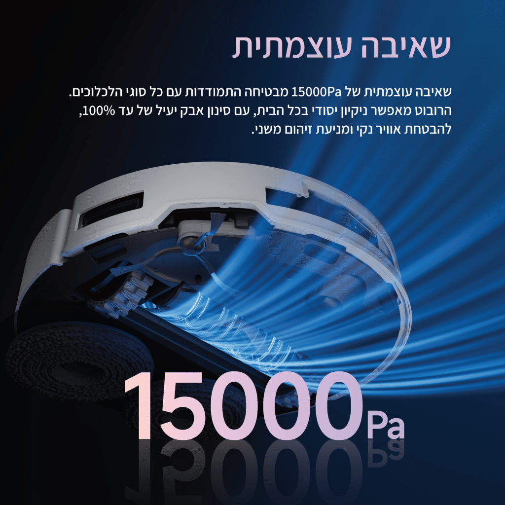 שאיבה עוצמתית

שאיבה עוצמתית של 15000Pa מבטיחה התמודדות עם כל סוגי הלכלוכים. הרובוט מאפשר ניקיון יסודי בכל הבית, עם סינון אבק יעיל של עד 100%, להבטחת אוויר נקי ומניעת זיהום משני.
