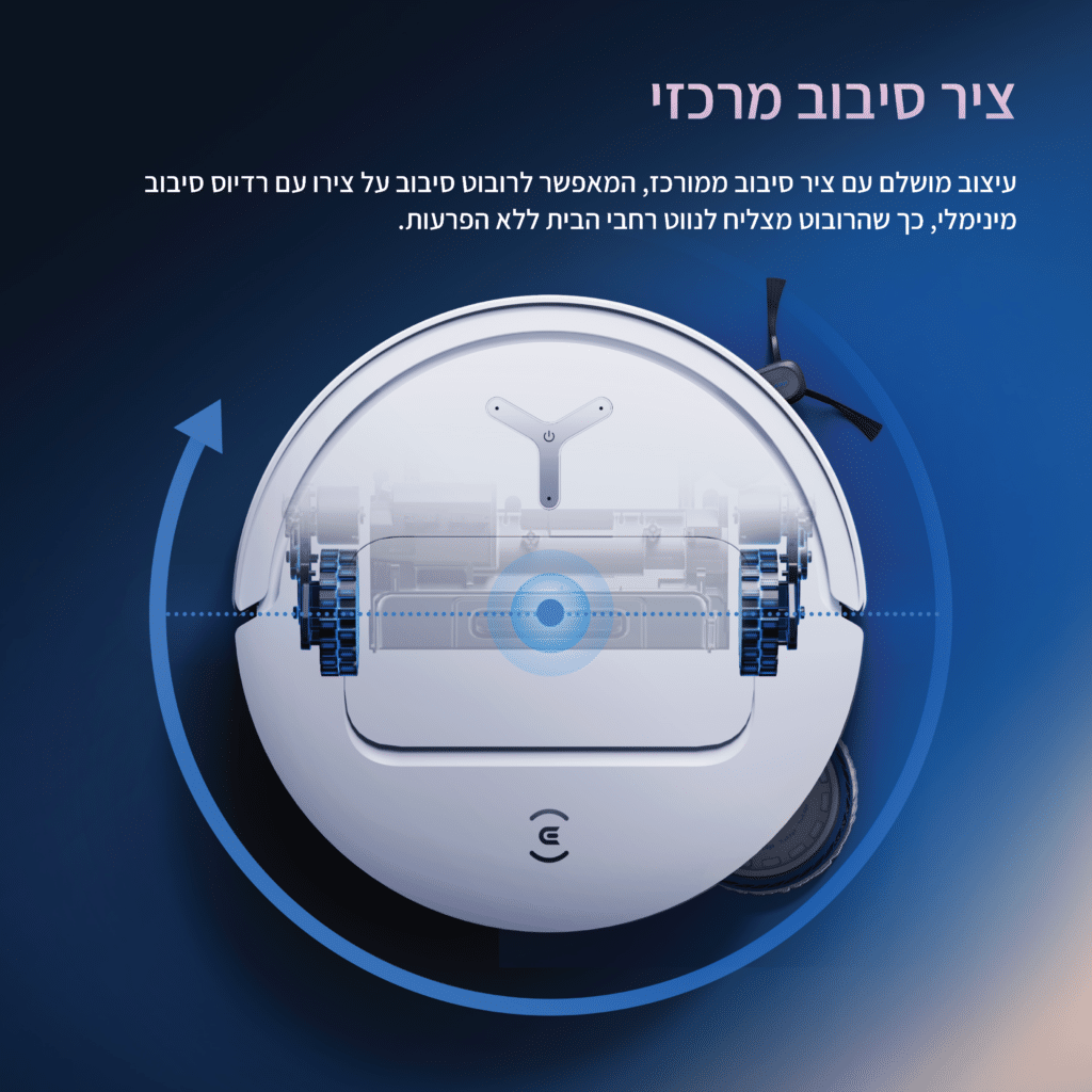 ציר סיבוב מרכזי

עיצוב מושלם עם ציר סיבוב ממורכז, המאפשר לרובוט סיבוב על צירו עם רדיוס סיבוב מינימלי, כך שהרובוט מצליח לנווט רחבי הבית ללא הפרעות.
