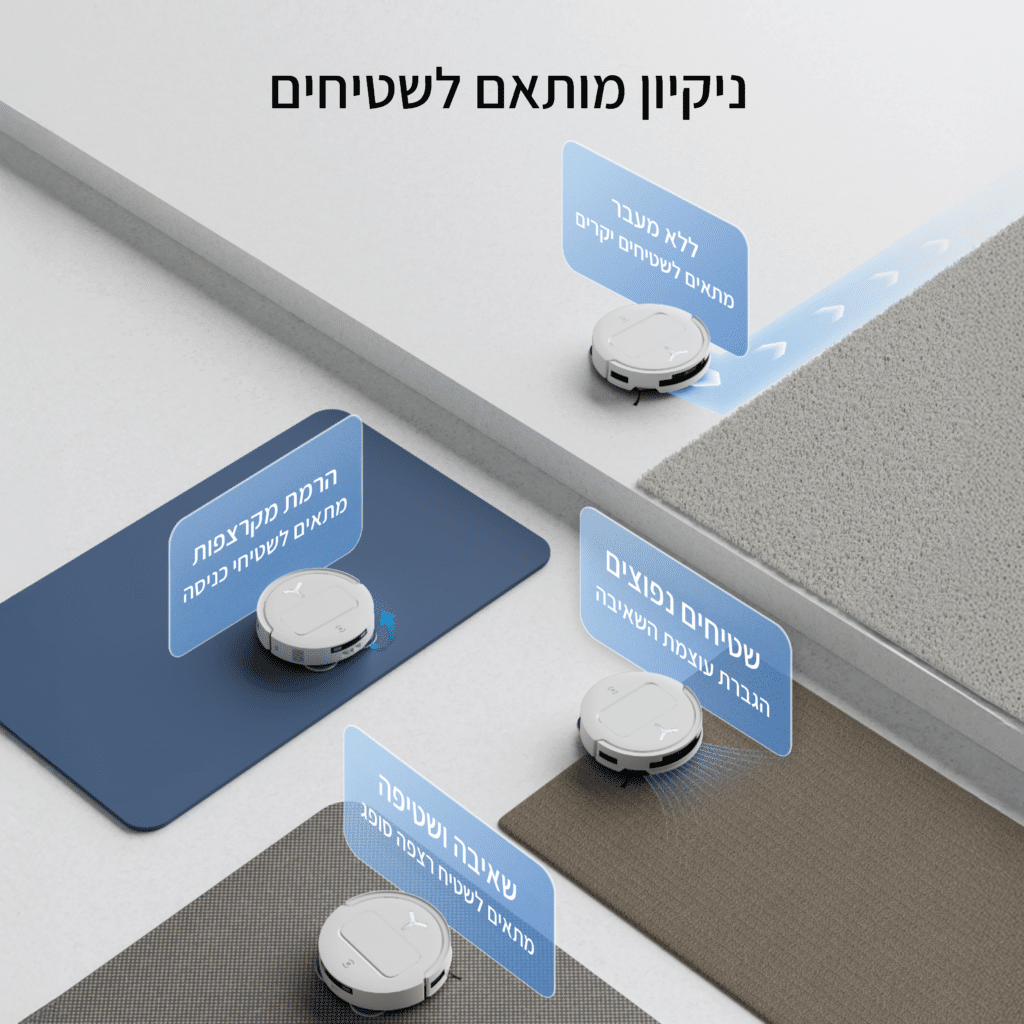 ניקיון מותאם לשטיחים
ללא מעבר מתאים לשטיחים יקרים
שטיחים נפוצים הגברת עוצמת השאיבה
הרמת מקרצפות מתאים לשטיחי כניסה
שאיבה ושטיפה מתאים לשטיח רצפה סופג