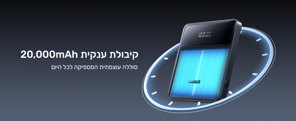 קיבולת ענקית 20,000mAh
סוללה עוצמתית המספיקה לכל היום