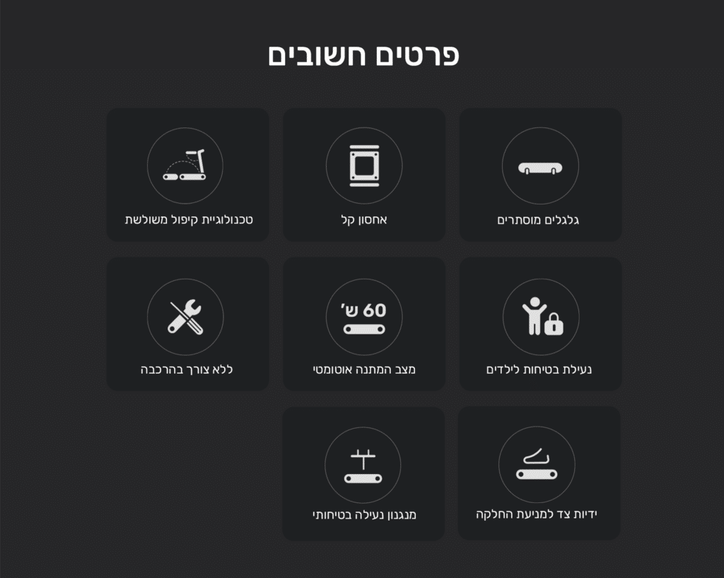 פרטים חשובים. גלגלים מוסתרים אחסון קל טכנולוגיית קיפול משולשת נעילת בטיחות לילדים מצב המתנה אוטוטמטי ללא צורך בהרכבה ידיות צד למניעת החלקה מנגנון נעילה בטיחותי