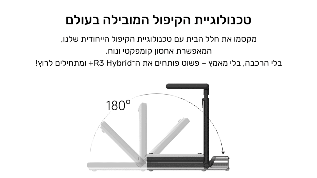 טכנולוגיית הקיפול המובילה בעולם.
מקסמו את חלל הבית עם טכנולוגיית הקיפול הייחודי שלנו, המאפשרת אחסון קומפקטי ונוח.
בלי הרכבה, בלי מאמץ- פשוט פותחים את ה-R3 Hybrid+ ומתחילים לרוץ