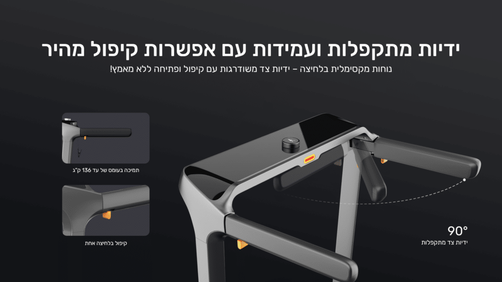 ידיות מתקפלות ועמיודת עם אפשרות קיפול מהיר נוחות מקסימלית בלחיצה- ידיות צד משודרגות עם קיפול ופתיחה ללא מאמץ!