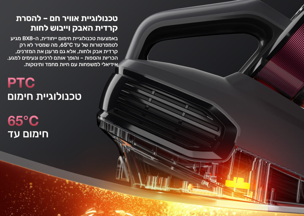 טכנולוגיית אוויר חם- להסרת קרדית האבק וייבוש לחות
באמצעות טכנולוגיתת חימום ייחודית, הBX8 מגיע לטמפרטורות של עד 65°C, מה שהסיר לא רק קרדית אבק ולחות, אלא גם מרענן את המזרנים, הכריות והספות- והופך אותם לרכים ונעימים למגע.
אידיאלי למשפחות עם חיות מחמד ותינוקות.
PTC טכנולוגיית חימום
חימום עד 65°C