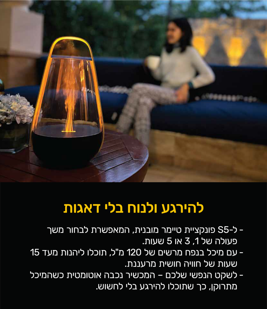 להירגע ולנוח בלי דאגות
ל-S5 פונקציית טיימר מובנית, המאפשרת לבחור משך פעולה של 1,3 או 5 שעות.
עם מיכל בנפח מרשים של 120 מ"ל תוכלו להנות מעד 15 שעות של חוויה חושית מרעננת.
לשקט הנפשי שלכם- המכשיר נכבה אוטומטית כשהמיכל מתרוקן, כך שתוכלו להירגע בלי לחשוש.