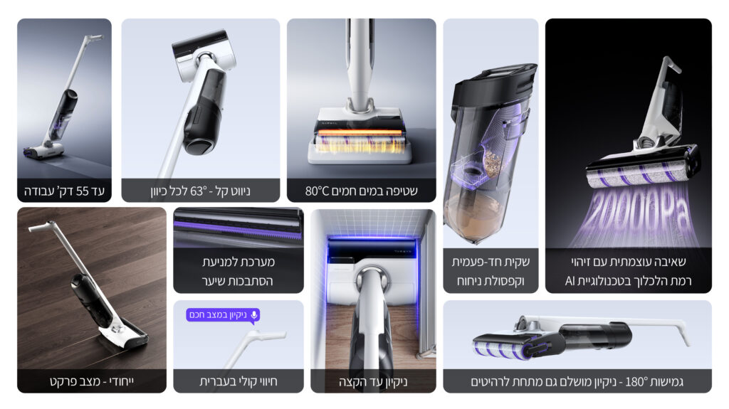 עד 55 דק' עבודה

ניווט קל - 63° לכל כיוון

שטיפה במים חמים 80°C

שקית חד-פעמית וקפסולת ניחוח

שאיבה עוצמתית עם זיהוי רמת הלכלוך בטכנולוגיית AI

מערכת למניעת הסתבכות שיער

ניקיון עד הקצה

ייחודי - מצב פרקט

חיווי קולי בעברית
🔊 ניקיון במצב חכם

גמישות 180° - ניקיון מושלם גם מתחת לרהיטים